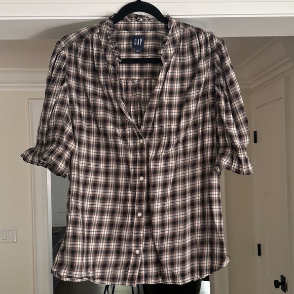 GAP Brown, Black, & Ivory/Cream Plaid Crinkle Gauze Puff Sleeve Shirt - Size XL - Picture 3 of 13